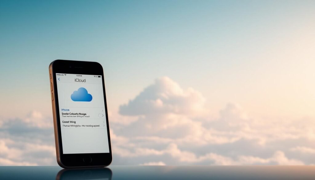 A visually striking depiction of iCloud cloud storage interface from iOS 5, showcasing a sleek and minimalist design. In the foreground, an iPhone displays the iCloud settings screen, with a translucent cloud symbol prominently featured. In the middle ground, imaginary ethereal, fluffy clouds float gently in a digital landscape, symbolizing the concept of cloud storage. The background features a soft gradient transitioning from a light blue to a serene white, reminiscent of a clear sky, enhancing the mood of innovation and nostalgia. Warm, ambient lighting adds a welcoming glow, creating a sense of ease and reliability. The overall atmosphere is professional and forward-thinking, emphasizing the revolutionary nature of wireless technology in 2011.