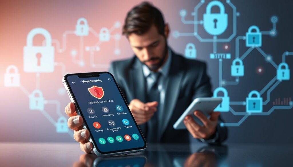 A visually striking illustration depicting the optimization of Android security applications. In the foreground, a modern smartphone displaying a user-friendly security app interface, highlighting features like virus scanning and secure browsing. The middle layer shows a professional individual in business attire, focused on enhancing smartphone security, intently analyzing data on the device. In the background, abstract representations of digital locks, firewalls, and data streams symbolize enhanced cybersecurity, rendered in a sleek and modern style. Soft, ambient lighting casts a reassuring glow, emphasizing trust and security. The overall atmosphere conveys a sense of vigilance and proactive defense against hacking threats, with a balance of technological sophistication and personal engagement. A visually striking illustration depicting the optimization of Android security applications. In the foreground, a modern smartphone displaying a user-friendly security app interface, highlighting features like virus scanning and secure browsing. The middle layer shows a professional individual in business attire, focused on enhancing smartphone security, intently analyzing data on the device. In the background, abstract representations of digital locks, firewalls, and data streams symbolize enhanced cybersecurity, rendered in a sleek and modern style. Soft, ambient lighting casts a reassuring glow, emphasizing trust and security. The overall atmosphere conveys a sense of vigilance and proactive defense against hacking threats, with a balance of technological sophistication and personal engagement.