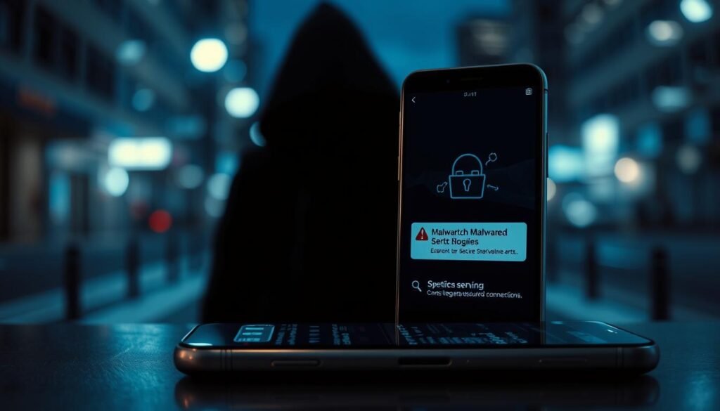A visually striking image depicting smartphone security mistakes. Foreground features a sleek, modern smartphone with a prominent security app interface displaying warning signs like malware alerts and notifications of unsecured connections. In the middle ground, an abstract representation of a hacker's shadowy figure looms in the background, suggesting a threat, but remains vague and non-detailed. The background shows a blurred urban setting at night with soft, diffused lighting creating an atmosphere of vulnerability. The image should have a cool color palette of blues and blacks to evoke a sense of caution and seriousness. The overall mood combines tension with urgency, emphasizing the importance of proper smartphone security practices. No text or watermarks present. A visually striking image depicting smartphone security mistakes. Foreground features a sleek, modern smartphone with a prominent security app interface displaying warning signs like malware alerts and notifications of unsecured connections. In the middle ground, an abstract representation of a hacker's shadowy figure looms in the background, suggesting a threat, but remains vague and non-detailed. The background shows a blurred urban setting at night with soft, diffused lighting creating an atmosphere of vulnerability. The image should have a cool color palette of blues and blacks to evoke a sense of caution and seriousness. The overall mood combines tension with urgency, emphasizing the importance of proper smartphone security practices. No text or watermarks present.