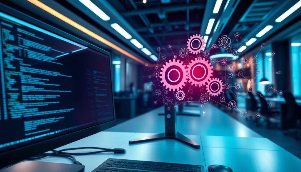 A visually striking image depicting the fundamental functions of software within a computer system. In the foreground, showcase a modern computer with an open screen displaying intricate software interfaces, such as code snippets and graphical user interfaces. In the middle ground, illustrate a network of interconnected gears symbolizing the seamless operation of various software components within the system. The background should feature a sleek, high-tech office environment with soft ambient lighting, casting a professional mood. Use a wide-angle lens to capture the details, emphasizing depth and perspective. The atmosphere should evoke innovation and technological advancement, highlighting the essential role of software in enabling efficient computer operation.