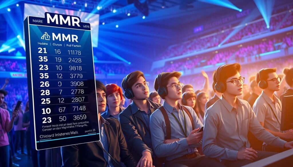 A visually striking representation of an MMR rank system, centered in the foreground featuring a futuristic digital leaderboard displaying various ranks, including numbers and symbols. In the middle ground, illustrate a diverse group of professional gamers, dressed in smart casual clothing, engaged in intense gameplay, focused on their screens, showcasing expressions of concentration and determination. The background should depict a vibrant eSports arena filled with cheering fans, illuminated by dynamic lighting that captures the excitement of competitive gaming. The atmosphere is intense, with a blend of blue and purple tones creating a high-energy scene, while a soft glow highlights key elements of the MMR system. Use a slightly elevated angle to capture the breadth of the arena and the fervor of the players. A visually striking representation of an MMR rank system, centered in the foreground featuring a futuristic digital leaderboard displaying various ranks, including numbers and symbols. In the middle ground, illustrate a diverse group of professional gamers, dressed in smart casual clothing, engaged in intense gameplay, focused on their screens, showcasing expressions of concentration and determination. The background should depict a vibrant eSports arena filled with cheering fans, illuminated by dynamic lighting that captures the excitement of competitive gaming. The atmosphere is intense, with a blend of blue and purple tones creating a high-energy scene, while a soft glow highlights key elements of the MMR system. Use a slightly elevated angle to capture the breadth of the arena and the fervor of the players.