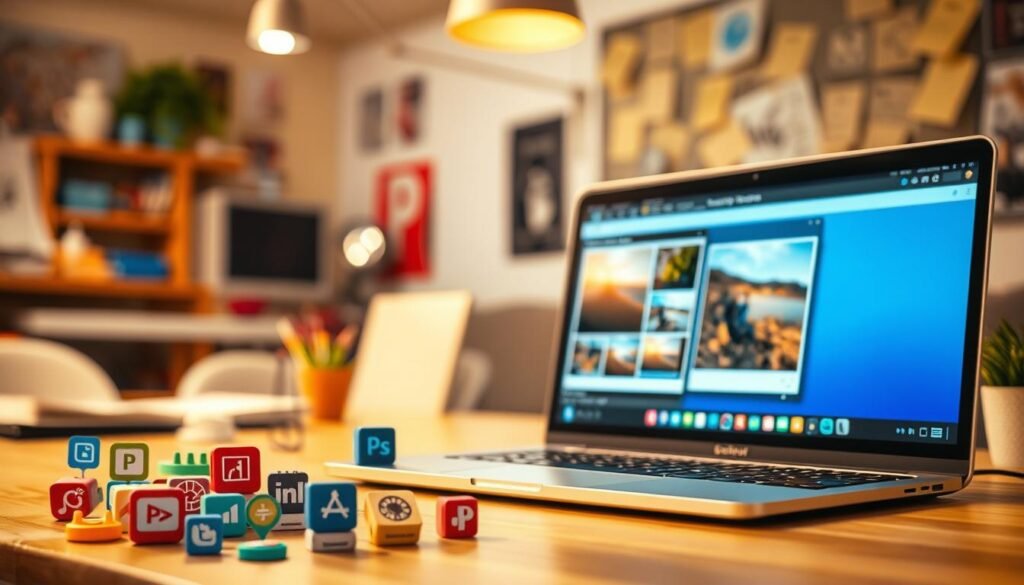 A visually striking representation of image editing plugins and extensions associated with GIMP, focused on a computer screen displaying a vibrant interface. In the foreground, an array of colorful icons symbolizing various plugins is arranged artistically around the screen, each icon reflecting GIMP's open-source environment. The middle section features a well-lit workspace with a modern laptop, showcasing GIMP in action with layers of an image being manipulated. The background features a blurred effect of a creative workspace, indicating a community-driven atmosphere with subtle hints of collaboration (like sticky notes or sketches). The lighting is warm and inviting, creating an inspiring mood, suggesting innovation and creativity in graphic design. The angle is slightly top-down, emphasizing the tools' accessibility and functionality.