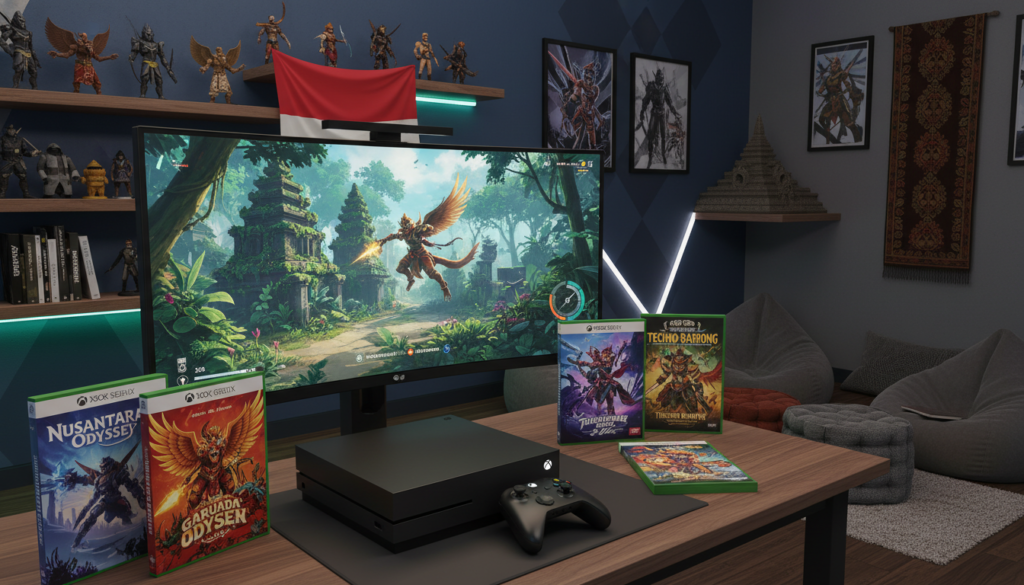 A visually striking scene showcasing a collection of exclusive Xbox games set in a modern Indonesian gaming studio. In the foreground, a sleek black Xbox console is prominently displayed alongside colorful game cases featuring unique cover art. The middle ground features a large, immersive gaming monitor displaying a vibrant and dynamic in-game scene that highlights the rich graphics of an exclusive title. In the background, shelves filled with gaming memorabilia and an Indonesian flag subtly blend into the decor. The room is bathed in soft, ambient lighting, creating a cozy yet energetic atmosphere, capturing the excitement of gaming culture in Indonesia. The angle is slightly elevated, providing a comprehensive view of the scene, inviting the viewer to feel the pride of enjoying exclusive Xbox titles.