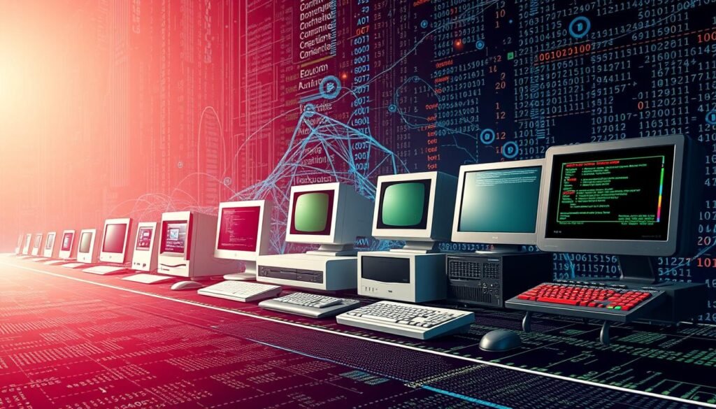 A vivid representation of the evolution of software over the years, featuring a timeline running from the left to the right side of the image. In the foreground, display iconic software interfaces from different decades, such as early command lines, graphical user interfaces, and modern AI-driven platforms, each clearly labeled. In the middle, incorporate a blend of vintage computers transitioning to sleek modern devices, showing evolution in hardware. The background should depict a digital landscape with binary code and algorithms, emphasizing the technological advancement and complexity. Use bright yet soft lighting to create a sense of optimism and innovation. The atmosphere should feel dynamic and forward-looking, encapsulating both nostalgia and futuristic potential, all rendered in a clean and professional style without any text or overlay.