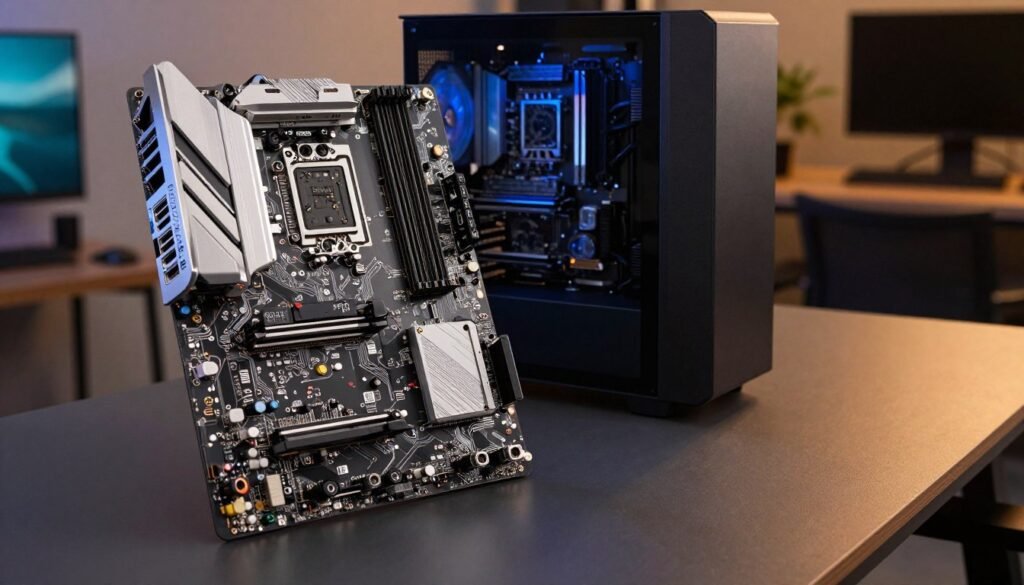 An ASRock X870 PRO RS WIFI motherboard showcased in a sleek, modern workspace. The foreground focuses on the motherboard, highlighting its intricate circuitry, multiple ports, and sleek black and silver design. In the middle ground, include a stylish gaming PC tower with transparent panels, showcasing the motherboard installed inside. The background features a softly blurred tech-themed environment, with ambient lighting that enhances the modernity of the scene. Use warm lighting to create an inviting atmosphere, and capture the image from a slightly elevated angle to emphasize the motherboard's features. The overall mood is professional, reflecting its value as a budget-friendly yet feature-rich motherboard option. An ASRock X870 PRO RS WIFI motherboard showcased in a sleek, modern workspace. The foreground focuses on the motherboard, highlighting its intricate circuitry, multiple ports, and sleek black and silver design. In the middle ground, include a stylish gaming PC tower with transparent panels, showcasing the motherboard installed inside. The background features a softly blurred tech-themed environment, with ambient lighting that enhances the modernity of the scene. Use warm lighting to create an inviting atmosphere, and capture the image from a slightly elevated angle to emphasize the motherboard's features. The overall mood is professional, reflecting its value as a budget-friendly yet feature-rich motherboard option.