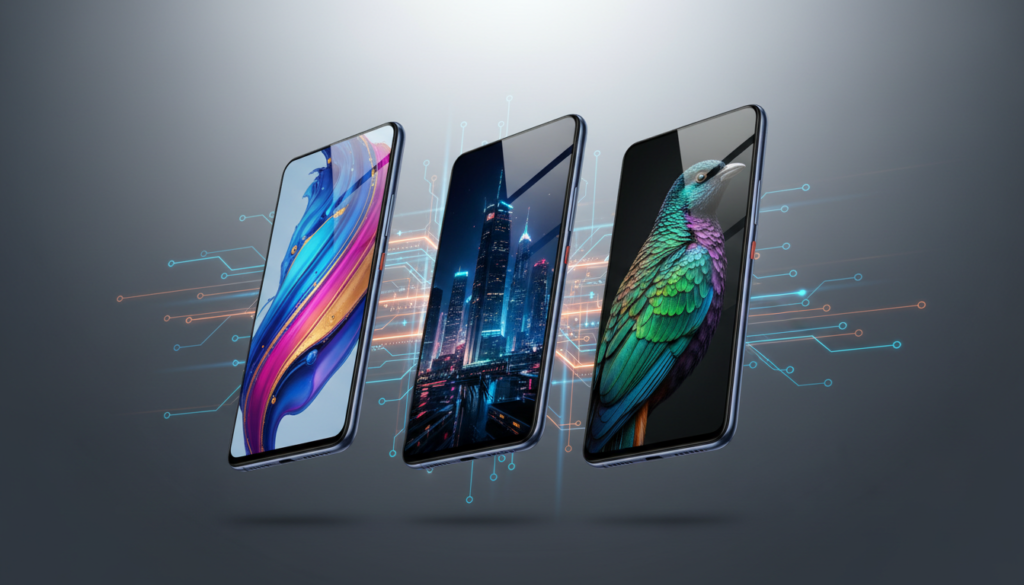 An artistic comparison of smartphone displays featuring the Infinix Note 50, Note 50x, and Note 50 Pro. In the foreground, three smartphones are elegantly displayed at an angle, highlighting their screens' vibrant colors and pixel clarity, showcasing different visuals for each model. The middle layer consists of subtle, blurred technology-themed elements like circuit patterns, emphasizing the tech aspect of the devices. The background is a softly lit environment with a gradient blending from dark to light, creating a modern and sleek atmosphere. The lighting should accentuate the smartphones, with reflections on their screens adding depth. The overall mood is sophisticated and inviting, perfect for a tech-focused audience, capturing the essence of visual quality and performance.