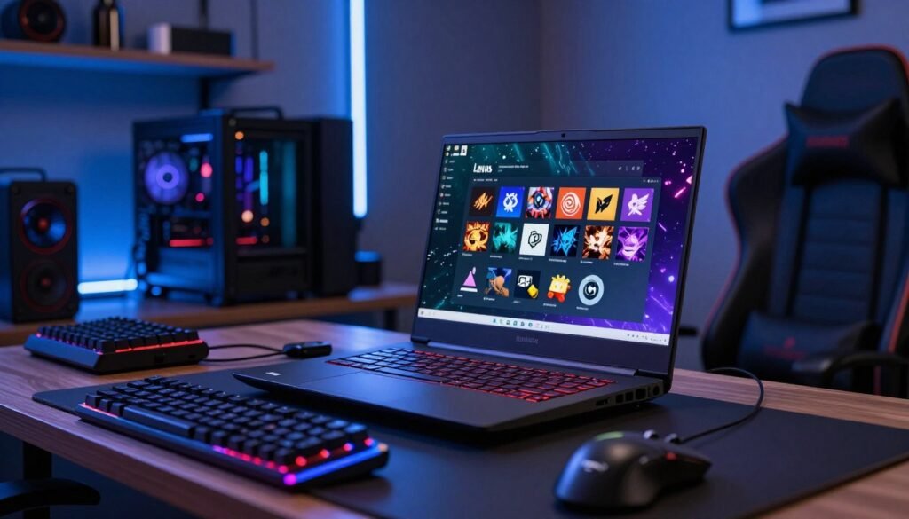 An intricate installation scene of a Linux operating system on a gaming laptop, set on a sleek desk cluttered with gaming peripherals like a mechanical keyboard and a high-performance mouse. In the foreground, display the laptop's screen showcasing the Linux interface with vibrant, colorful game icons, emphasizing a gaming environment. In the middle, hint at various Linux distribution logos, subtly surrounding the laptop. The background features a stylish ambient setup with LED lighting that casts a cool blue glow, enhancing the gaming atmosphere, and a cozy gaming chair placed nearby. Use a slight low-angle shot to emphasize the laptop, with a depth of field effect that blurs the peripheral details while keeping the screen in sharp focus, creating an engaging and immersive vibe. An intricate installation scene of a Linux operating system on a gaming laptop, set on a sleek desk cluttered with gaming peripherals like a mechanical keyboard and a high-performance mouse. In the foreground, display the laptop's screen showcasing the Linux interface with vibrant, colorful game icons, emphasizing a gaming environment. In the middle, hint at various Linux distribution logos, subtly surrounding the laptop. The background features a stylish ambient setup with LED lighting that casts a cool blue glow, enhancing the gaming atmosphere, and a cozy gaming chair placed nearby. Use a slight low-angle shot to emphasize the laptop, with a depth of field effect that blurs the peripheral details while keeping the screen in sharp focus, creating an engaging and immersive vibe.