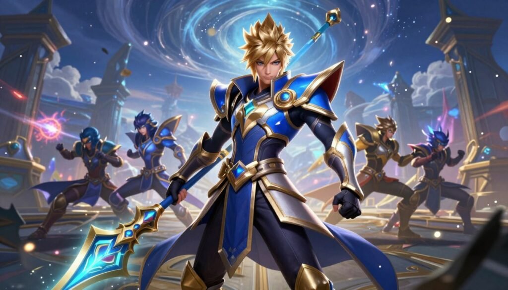 Hero Sora from Mobile Legends stands boldly in the foreground, wielding an intricate, glowing staff adorned with magical symbols. His armor is a blend of sleek, futuristic design and traditional fantasy elements, featuring vibrant azure and gold colors that catch the light. His expression is determined and confident, showcasing his role as a game-changing character. In the middle ground, two opposing teams engage in a dynamic 5v5v5 battle, with colorful skill effects illuminating the chaos of the scene. The background features a fantastical arena with towering ancient structures and a night sky filled with swirling clouds and glimmers of stars. The lighting is dramatic, highlighting Sora's figure while casting deep shadows, creating an intense, competitive atmosphere that conveys the excitement of the new game mode. Hero Sora from Mobile Legends stands boldly in the foreground, wielding an intricate, glowing staff adorned with magical symbols. His armor is a blend of sleek, futuristic design and traditional fantasy elements, featuring vibrant azure and gold colors that catch the light. His expression is determined and confident, showcasing his role as a game-changing character. In the middle ground, two opposing teams engage in a dynamic 5v5v5 battle, with colorful skill effects illuminating the chaos of the scene. The background features a fantastical arena with towering ancient structures and a night sky filled with swirling clouds and glimmers of stars. The lighting is dramatic, highlighting Sora's figure while casting deep shadows, creating an intense, competitive atmosphere that conveys the excitement of the new game mode.