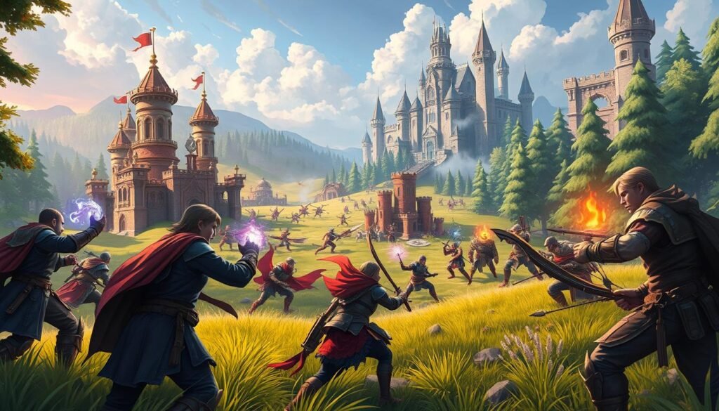 In a vibrant fantasy landscape showcasing a tower defense and real-time RPG scenario, illustrate a strategic battlefield. In the foreground, a group of heroes in professional fantasy attire, diverse in appearance and abilities, are poised for action, with one casting a spell and another loading a crossbow. In the middle ground, intricate defenses like magical towers and barricades are visible, surrounded by colorful, animated enemy units advancing towards them. In the background, a lush, enchanted forest meets a stunning castle, hinting at adventure. The scene is bathed in dynamic lighting that emphasizes the tension of battle, with a warm glow from the towers and a cool tone from the forest. Capture a sense of excitement and strategy in this immersive gameplay illustration.