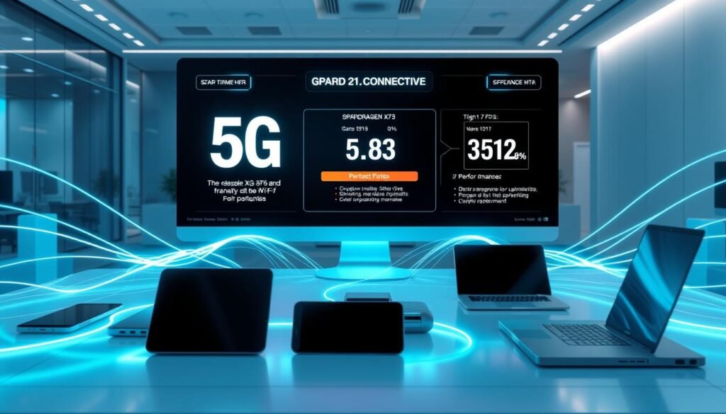 Visualize a high-tech scene showcasing the capabilities of 5G and Wi-Fi 7 connectivity. In the foreground, an array of sleek, modern devices like smartphones and laptops are placed on a futuristic desk, emanating vibrant signals represented by glowing lines and waves. The middle ground features a dynamic, digital display demonstrating real-time data transfer rates and performance metrics, with graphics illustrating Snapdragon X75 5G and Wi-Fi 7 benefits. The background consists of a contemporary office setting, softly illuminated by ambient lighting that conveys a professional atmosphere. The image has a cool color palette with blues and greens, emphasizing technological advancement. Capture this scene from a slightly elevated angle to show depth and clarity, ensuring no text or watermarks are present, evoking innovation and connectivity.