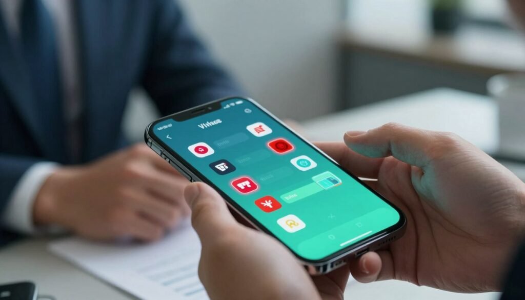 A close-up illustration of a smartphone displaying a detailed user interface for virus detection. In the foreground, a vibrant screen shows a progress bar indicating virus scanning, with icons of suspicious apps glowing red. In the middle, a pair of hands in professional business attire types on the phone's screen, suggesting careful analysis. The background features a blurred office setting, implying a sense of urgency and importance. Soft, focused lighting highlights the phone and hands, while the overall atmosphere conveys a serious tech investigation. The color palette includes cool blues and greens, representing technology, with accents of red for urgency.
