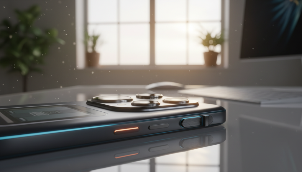 A close-up image showcasing a smartphone gaming device prominently positioned in the foreground, highlighting its physical trigger buttons for gaming. In addition, include a high-resolution lens capturing the detail of the camera lens and battery, symbolizing its everyday usability beyond gaming. The middle ground should feature subtle reflections that convey the smartphone's sleek design, while the background is softly blurred, hinting at a modern workspace with natural light filtering in, creating a warm and inviting atmosphere. The overall mood should be one of innovation and practicality, seamlessly integrating gaming capabilities with daily functionality. The composition should maintain clarity, with no text or watermarks, focusing entirely on the subject matter.