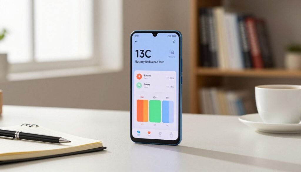 A close-up view of a modern smartphone, the Redmi 13C, set against a sleek, minimalistic workspace. The phone screen displays a detailed graphical battery report illustrating the results of the battery endurance test, with vibrant colors and clear metrics. In the foreground, an organized desk with a notebook, a pen, and a coffee cup adds to the scene, emphasizing a professional ambiance. Soft, natural lighting flooding in from a nearby window creates a warm and inviting atmosphere, highlighting the device's design. The background features a blurred bookshelf filled with tech and business books, subtly suggesting a context of productivity. The overall mood is focused and informative, perfect for a tech-savvy audience interested in battery performance.