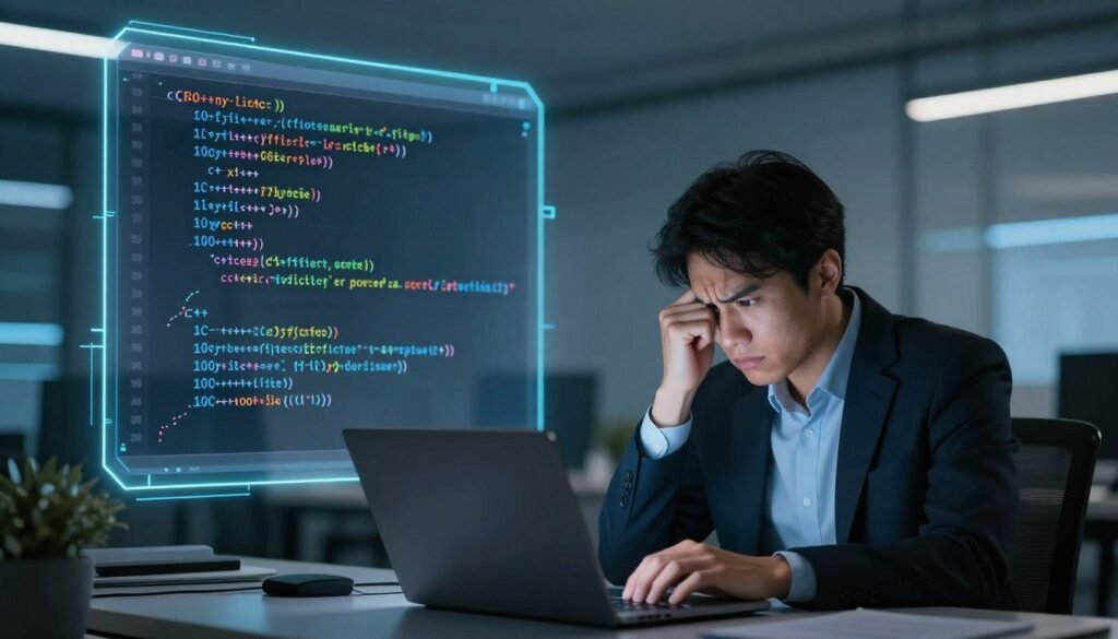 A conceptual illustration representing the impact of code limitations on C++ development. In the foreground, a programmer, dressed in professional business attire, is focused on a laptop, showcasing a frustrated expression. The middle ground features an abstract visualization of a code snippet, highlighting 100 lines of C++ code, with lines visually constrained by a glowing boundary, symbolizing the 100-line limit. In the background, a modern office environment fades into blurred shapes of technology and computing elements, conveying a sense of innovation. Soft, ambient lighting creates a contemplative mood, while a shallow depth of field directs attention to the foreground, emphasizing the emotional impact of code restrictions. The overall atmosphere reflects both challenge and creativity in programming.