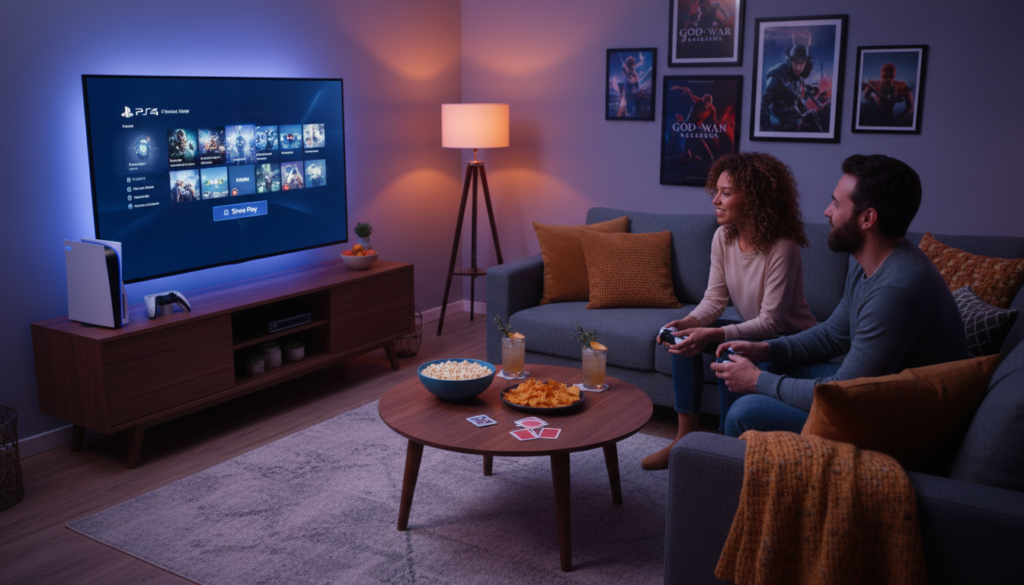 A cozy living room setting where two friends are preparing to use Share Play on their PS5. In the foreground, a PS5 console sits on a sleek, modern TV stand, with controllers and a charging dock visible. On the coffee table, snacks and drinks are arranged, enhancing a friendly, inviting atmosphere. The middle ground shows a large flat-screen TV displaying the PS5 menu, illuminated with soft, ambient lighting. The background features comfortable couches, gaming posters, and a warm lamp casting a gentle glow, creating a relaxed vibe. The scene captures an exciting moment just before gaming, with vibrant colors and a focus on establishing an engaging mood, showcasing the preparation for virtual gaming adventures.