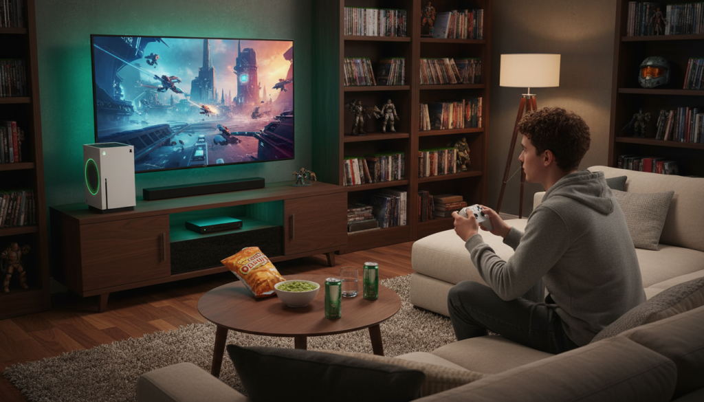A cozy living room setting with a modern gaming console on a sleek entertainment unit. In the foreground, a young adult in casual attire, sitting comfortably on a plush sofa, intently focused on an Xbox controller. The middle ground features a large flat-screen TV displaying an exciting game scene, illuminated with vibrant colors. Soft, warm lighting enhances the inviting atmosphere, with some LED lights illuminating the gaming setup. In the background, shelves filled with Xbox games and collectibles add character to the space. A coffee table nearby holds snacks and drinks, contributing to a relaxed gaming experience. The overall mood is one of enjoyment and immersion in the gaming world.