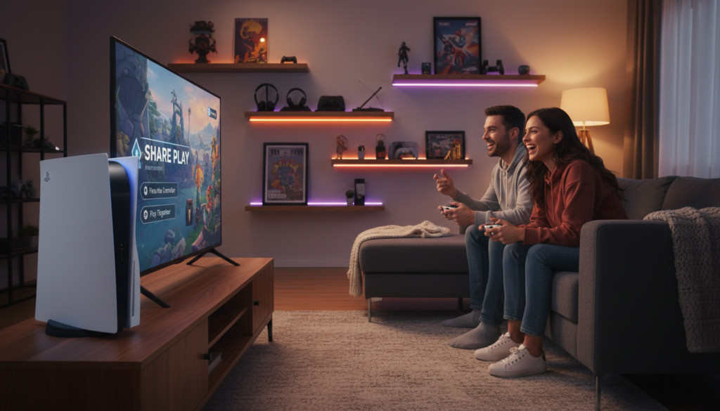 A cozy living room setting with a modern gaming console, specifically a PlayStation 5, prominently displayed in the foreground. Include a large, vibrant TV screen showing a gaming interface that indicates Share Play options. In the middle ground, depict two friends using controllers, captured from a side angle, both wearing casual clothing, engaged in focused gameplay, with expressions of excitement. The background should feature shelves with gaming accessories and ambient lighting that sets a warm, welcoming mood. Use soft, diffused lighting to create an inviting atmosphere, highlighting the details of the controllers and console. The overall composition should exude a sense of camaraderie and fun, making it perfect for illustrating the modes of Share Play on PS5.