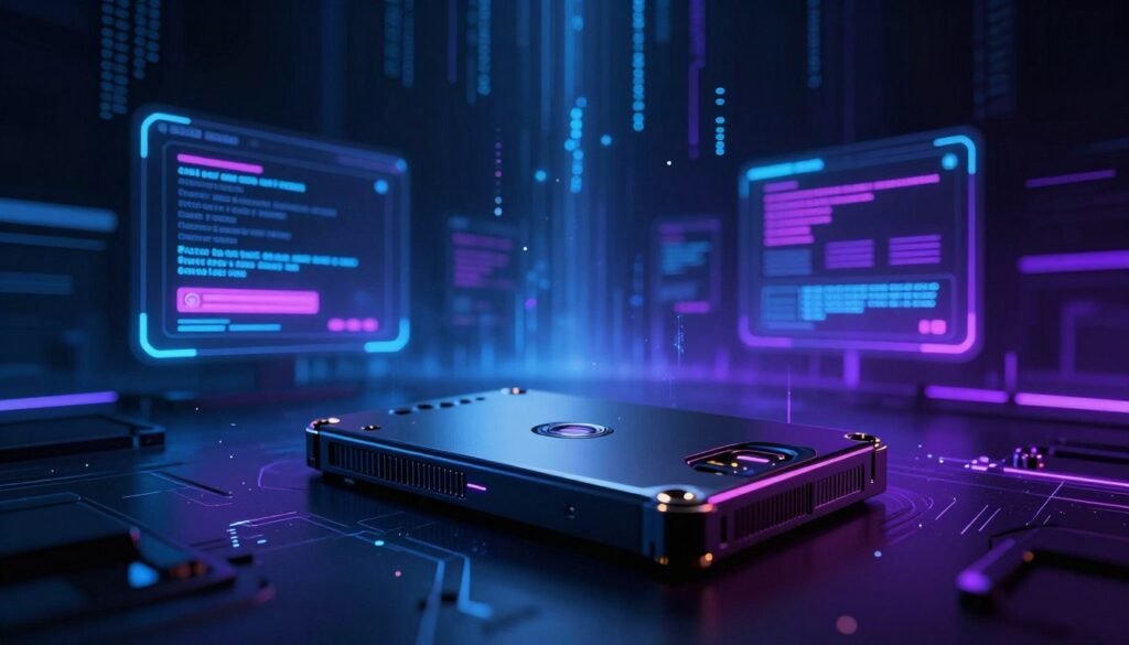 A dark, digital space showcasing a sleek, futuristic SSD drive at the forefront, with a visually striking but ominous aura. The SSD is surrounded by faint, glitchy neon sparks symbolizing risks and threats associated with optimization software. In the mid-ground, a series of glowing screen interfaces display various optimization tools, their interfaces distorted or flashing warnings, hinting at potential dangers. The background blends dark blues and purples, evoking a sense of caution and intrigue, with abstract shapes resembling code or data flowing like a digital waterfall. The lighting should be dramatic, with high contrast to emphasize the SSD drive and the glowing interfaces, creating a tense and foreboding atmosphere. Use a wide-angle lens effect to capture the full scope of the scene.