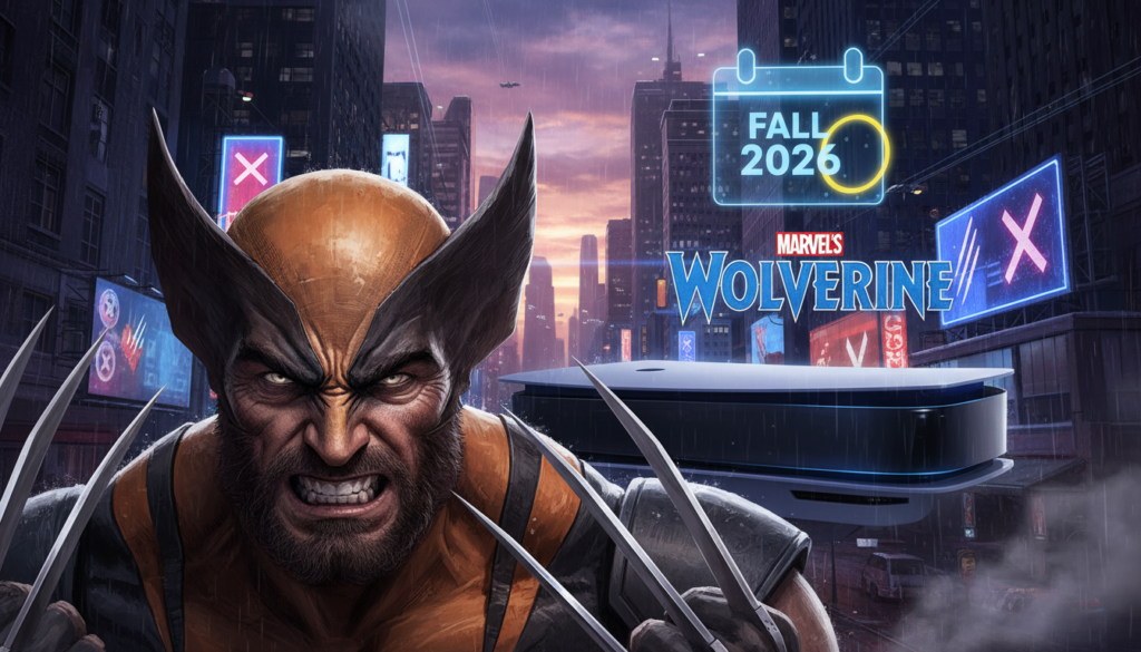 A dramatic scene depicting the anticipation for the upcoming Marvel Wolverine video game release scheduled for fall 2026. In the foreground, an iconic image of Wolverine, showcasing his claws partially unsheathed, with a determined expression. The middle ground features stylized graphics resembling a gaming console, hinting at the PS5, adorned with a glowing calendar marked "2026". The background is a moody cityscape at dusk, featuring shadows and darkened skyscrapers reflecting the gaming industry's excitement, illuminated by neon lights. Soft, dynamic lighting emphasizes Wolverine's intense features while creating a sense of mystery and expectation. Capture the essence of a thrilling adventure in the gaming world, evoking excitement and curiosity about the game's release.