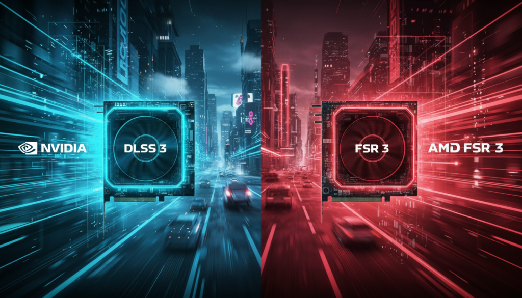 A dynamic comparison image showcasing the technologies of NVIDIA’s DLSS 3 and AMD’s FSR 3, positioned side by side. In the foreground, a highly detailed rendering of a modern high-performance GPU, split in two: one half illuminated with bright blue and green lights symbolizing DLSS, while the other half glows in red representing FSR. In the middle ground, a digital landscape illustrating a gaming environment with striking visual effects—crisp graphics and smooth animation. The background features abstract circuit patterns and technological motifs to create an engaging tech atmosphere. Utilize soft lighting for an inviting ambiance, with a slight angle to add depth. The overall mood should convey superiority and innovation, reflecting advanced graphics technology.