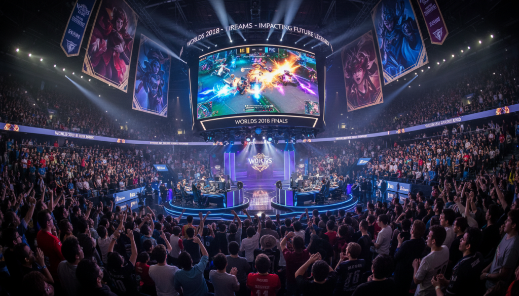 A dynamic esports arena filled with an enthusiastic crowd, showcasing a large screen displaying an epic League of Legends match from Worlds 2018. In the foreground, a diverse group of fans, some wearing team jerseys, are expressing excitement and anticipation, their faces illuminated by the vibrant colors of the screen. The middle ground features professional esports players, concentrated and strategizing in their gaming seats, surrounded by high-tech equipment and glowing LED lights. In the background, towering banners celebrate the legacy of Worlds 2018, encapsulating its impact on future esports tournaments. The atmosphere is electric, with dramatic lighting highlighting the intensity of the moment, and a slight tilt angle adds a sense of energy and movement. The setting is sleek and modern, emphasizing the professionalism of the esports industry.