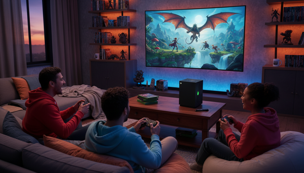A dynamic scene depicting a cozy gaming room at twilight, featuring an Xbox console on a sleek modern table. In the foreground, a diverse group of three friends, casually dressed, are engaged in a multiplayer gaming session, their expressions filled with excitement and camaraderie. The middle layer includes a large TV displaying an immersive adventure simulation game, showcasing a vibrant fantasy landscape with colorful characters and engaging action. The background reveals shelves filled with popular game titles and gaming paraphernalia, subtly lit by ambient LED lighting. The overall atmosphere should feel warm and inviting, emphasizing the joy of shared gaming experiences. Use soft lighting to enhance the mood, creating a balanced composition that draws the viewer's attention to the gaming activity.