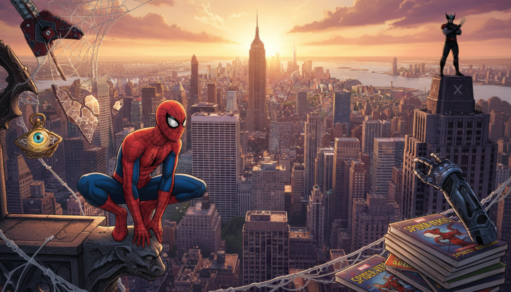 A dynamic scene showcasing the rich variety and depth of content in the Marvel Spider-Man universe. In the foreground, Spider-Man is elegantly perched on a high rooftop, a mix of determination and curiosity on his face, surrounded by various mystical gadgets and collectibles that hint at hidden stories. The middle ground features a vibrant cityscape of New York, with iconic skyscrapers bathed in soft sunset lighting, casting a warm glow and long shadows. In the background, elements like Wolverine's silhouette can be seen, suggesting future narratives and connections between characters. The atmosphere is filled with excitement and anticipation, focusing on Spider-Man's multifaceted world. Use a wide-angle lens to capture the expansive scene, emphasizing both hero detail and the vast city backdrop. A dynamic scene showcasing the rich variety and depth of content in the Marvel Spider-Man universe. In the foreground, Spider-Man is elegantly perched on a high rooftop, a mix of determination and curiosity on his face, surrounded by various mystical gadgets and collectibles that hint at hidden stories. The middle ground features a vibrant cityscape of New York, with iconic skyscrapers bathed in soft sunset lighting, casting a warm glow and long shadows. In the background, elements like Wolverine's silhouette can be seen, suggesting future narratives and connections between characters. The atmosphere is filled with excitement and anticipation, focusing on Spider-Man's multifaceted world. Use a wide-angle lens to capture the expansive scene, emphasizing both hero detail and the vast city backdrop.