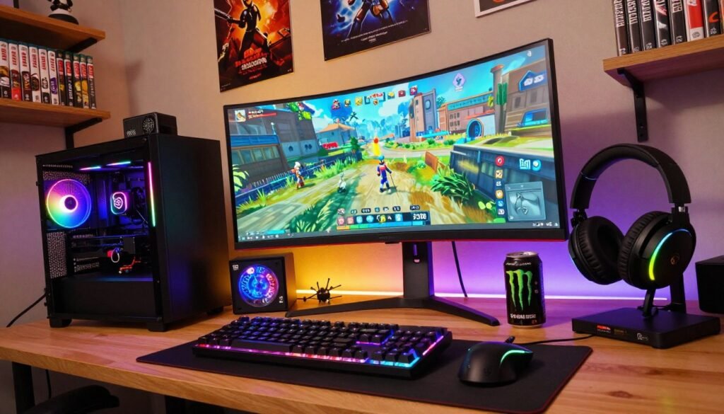 A dynamic urban gaming setup, featuring a high-performance gaming PC with glowing RGB lights, prominently displaying popular platform games from the Epic Games Store. In the foreground, a sleek gaming keyboard and mouse glimmer under soft ambient lighting, with vibrant game-themed decorations on the desk. The middle ground showcases an ultra-wide monitor, displaying an exciting game scene, surrounded by gaming accessories like headphones and energy drinks. In the background, a cozy gaming room with atmospheric lighting, posters of popular games from Indonesia, and shelves filled with physical game copies gives a sense of immersion. The overall mood is energetic and inviting, ideal for a gamer’s haven, captured with a warm and vibrant color palette, in a slightly tilted angle for dynamic perspective. A dynamic urban gaming setup, featuring a high-performance gaming PC with glowing RGB lights, prominently displaying popular platform games from the Epic Games Store. In the foreground, a sleek gaming keyboard and mouse glimmer under soft ambient lighting, with vibrant game-themed decorations on the desk. The middle ground showcases an ultra-wide monitor, displaying an exciting game scene, surrounded by gaming accessories like headphones and energy drinks. In the background, a cozy gaming room with atmospheric lighting, posters of popular games from Indonesia, and shelves filled with physical game copies gives a sense of immersion. The overall mood is energetic and inviting, ideal for a gamer’s haven, captured with a warm and vibrant color palette, in a slightly tilted angle for dynamic perspective.
