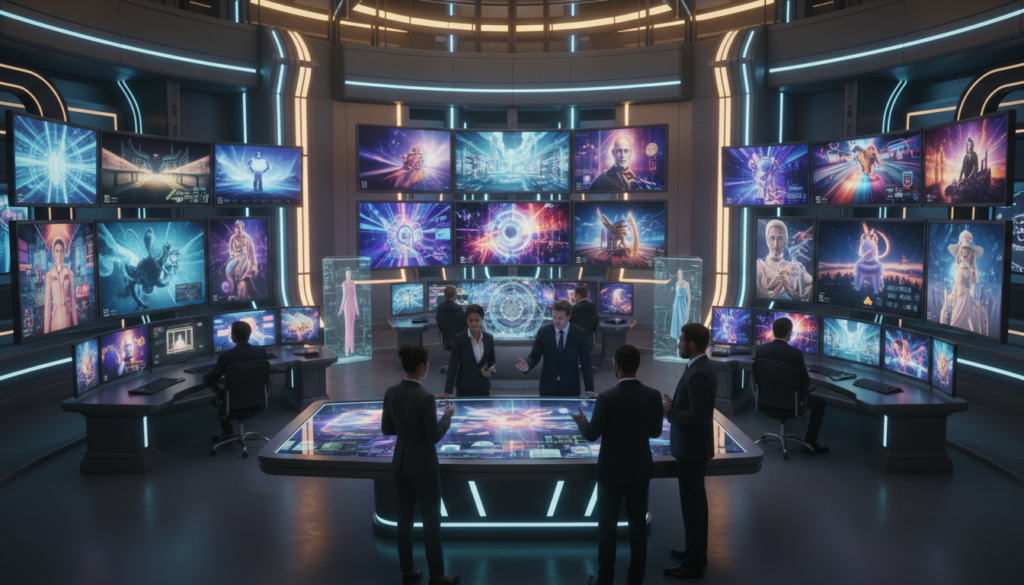 A futuristic control room filled with high-tech monitors displaying vibrant images created by AI, showcasing the versatility of image generation tools. In the foreground, a diverse group of professionals in business attire collaborates over a large digital screen, analyzing the images. The middle ground features colorful abstract visuals and AI-generated portraits, demonstrating creativity and flexibility. The background is sleek and modern, with dynamic lighting that emphasizes the advanced technology and digital atmosphere. A warm and collaborative mood pervades the scene, highlighting the power and potential of AI-controlled image creation, captured from a slightly elevated angle for an engaging perspective. A futuristic control room filled with high-tech monitors displaying vibrant images created by AI, showcasing the versatility of image generation tools. In the foreground, a diverse group of professionals in business attire collaborates over a large digital screen, analyzing the images. The middle ground features colorful abstract visuals and AI-generated portraits, demonstrating creativity and flexibility. The background is sleek and modern, with dynamic lighting that emphasizes the advanced technology and digital atmosphere. A warm and collaborative mood pervades the scene, highlighting the power and potential of AI-controlled image creation, captured from a slightly elevated angle for an engaging perspective.