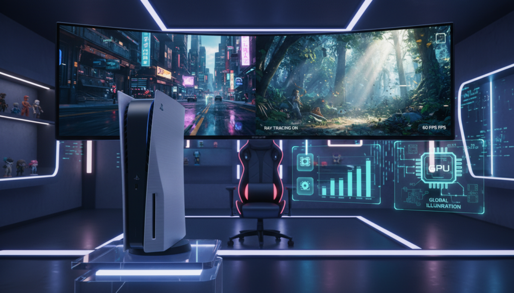 A futuristic gaming setup featuring a PlayStation 5 Pro console prominently displayed in the foreground, showcasing its sleek design and vibrant LED lights. Surrounding the console, a series of high-quality graphics from popular enhanced games, emphasizing ray tracing technology, come to life on a large, immersive gaming monitor with crystal-clear resolution. In the middle ground, there are interactive visual elements such as holographic displays illustrating game enhancements and performance metrics. The background features a modern, stylish gaming room with ambient lighting that enhances the futuristic mood. Soft reflections and highlights suggest advanced technology, creating an atmosphere of innovation and excitement. The scene is well-lit, focusing on the console and screen, capturing the essence of cutting-edge gaming experiences. A futuristic gaming setup featuring a PlayStation 5 Pro console prominently displayed in the foreground, showcasing its sleek design and vibrant LED lights. Surrounding the console, a series of high-quality graphics from popular enhanced games, emphasizing ray tracing technology, come to life on a large, immersive gaming monitor with crystal-clear resolution. In the middle ground, there are interactive visual elements such as holographic displays illustrating game enhancements and performance metrics. The background features a modern, stylish gaming room with ambient lighting that enhances the futuristic mood. Soft reflections and highlights suggest advanced technology, creating an atmosphere of innovation and excitement. The scene is well-lit, focusing on the console and screen, capturing the essence of cutting-edge gaming experiences.