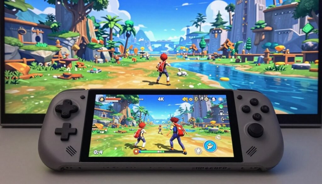 A high-resolution digital illustration showcasing the graphical capabilities of the latest PPSSPP version. In the foreground, feature a sleek gaming handheld device displaying a vibrant 4K resolution game scene, rich in color and detail, with characters in dynamic poses. The middle layer includes a spacious gaming environment, filled with lush landscapes and intricate textures, demonstrating advanced visual effects like reflections and shadows. The background consists of a stylized digital landscape, hinting at various gaming genres available on PPSSPP. Soft, ambient lighting creates an immersive atmosphere, enhancing the sense of realism. Use a wide-angle lens perspective to capture the full depth of the scene, conveying excitement and innovation in gaming graphics.