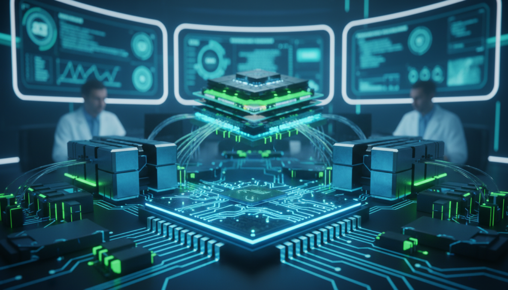A highly detailed and visually striking representation of Nvidia's Ada Lovelace architecture, showcasing its key components like the GPU die and memory architecture in an artistic arrangement. In the foreground, include a sleek computer chip glimmering under dynamic lighting, emphasizing intricate circuit patterns that represent its advanced technology. The middle ground features enlarged sections of the GPU, displaying a fusion of electronic components and heat sinks, reflecting innovation in power efficiency. The background features a blurred, high-tech laboratory setting with glowing screens displaying real-time performance metrics, conveying a sense of cutting-edge research. The overall mood is futuristic and sophisticated, with vibrant blues and greens dominating the color palette, suggesting energy and intelligence. Use a sharp focus lens effect to bring emphasis to the Ada Lovelace architecture while maintaining an ambient glow throughout the scene.
