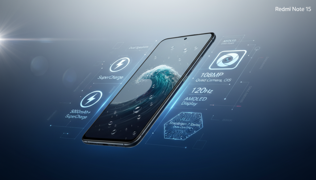 A highly detailed digital illustration showcasing the specifications of the Redmi Note 15 series smartphone. In the foreground, a sleek and modern Redmi Note 15 phone, highlighting its water-resistant features with droplets of water glistening on the surface. The middle ground features floating text elements, hinting at key specifications such as battery life, camera quality, and processing power, artistically arranged around the device. The background is a gradation of blue and grey tones, resembling technology and innovation. Soft, focused lighting highlights the curves of the phone, with a subtle lens flare to evoke a sense of excitement. The atmosphere should feel modern, dynamic, and inviting, appealing to tech enthusiasts and casual users alike. A highly detailed digital illustration showcasing the specifications of the Redmi Note 15 series smartphone. In the foreground, a sleek and modern Redmi Note 15 phone, highlighting its water-resistant features with droplets of water glistening on the surface. The middle ground features floating text elements, hinting at key specifications such as battery life, camera quality, and processing power, artistically arranged around the device. The background is a gradation of blue and grey tones, resembling technology and innovation. Soft, focused lighting highlights the curves of the phone, with a subtle lens flare to evoke a sense of excitement. The atmosphere should feel modern, dynamic, and inviting, appealing to tech enthusiasts and casual users alike.