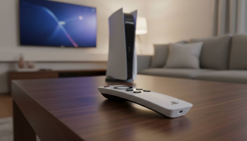 A modern PS5 media remote sitting on a sleek, dark wooden table, with soft ambient lighting that highlights its glossy finish. The remote should be prominently displayed in the foreground, showcasing its smooth contours, minimalist button layout, and distinct PlayStation branding. In the middle ground, a blurred-out PlayStation 5 console is subtly positioned, hinting at its connection to the remote. The background features a cozy living room setting with a comfortable couch and a large flat-screen TV, creating a warm and inviting atmosphere. The scene is captured from a slightly elevated angle to emphasize the remote's features, while the gentle lighting enhances the overall mood of relaxation and entertainment.