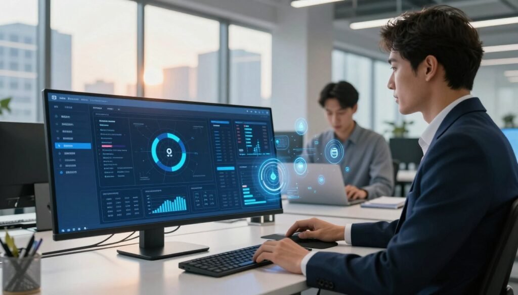 A modern office environment, featuring a sleek, futuristic workspace filled with innovative software tools and automation screens. In the foreground, an employee in smart business attire interacts with a large touchscreen display, showcasing various software interfaces illustrating productivity enhancements. In the middle, a second employee analyzes data on a laptop, surrounded by digital graphs and automation icons floating in the air, symbolizing time-saving technology. The background reveals large windows with a view of a bustling cityscape, bathed in warm natural light, creating an atmosphere of efficiency and progress. The overall mood is inspiring and dynamic, emphasizing the theme of saving time through advanced automation solutions.