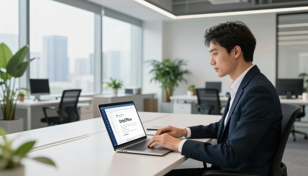 A modern office setting featuring a sleek, minimalistic workspace. In the foreground, a confident business professional, dressed in smart business attire, is seated at a desk using a laptop with the OnlyOffice interface visible on the screen. The middle ground shows a contemporary office environment with large windows letting in natural light, lush green plants, and sophisticated decor. In the background, the city skyline can be seen, symbolizing innovation and progress. The lighting is bright and uplifting, creating an atmosphere of productivity and change. The angle is slightly elevated, capturing the essence of a thriving work culture transitioning from Microsoft 365 to OnlyOffice, emphasizing the advantages of this alternative.