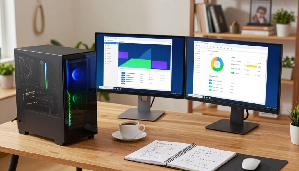 A modern, sleek computer workstation with a high-end PC setup is displayed prominently in the foreground. The PC tower features glowing LED lights in blue and green hues, alongside dual monitors showing backup software interfaces with colorful graphs and notifications. In the middle ground, a cup of coffee and a notepad filled with hand-written notes about software options are placed neatly on a wooden desk, emphasizing a productive atmosphere. The background showcases a softly lit home office with shelves filled with tech books and plants, creating a cozy yet professional vibe. The lighting is bright yet warm, enhancing the detail and clarity of the equipment, with a slightly elevated angle to give depth to the scene, illustrating the theme of effective software backup solutions.