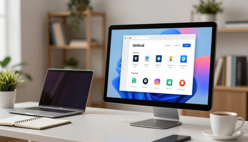 A modern, sleek desktop display featuring an intuitive software uninstaller interface. In the foreground, a computer screen shows a colorful, user-friendly uninstaller application with various installed software icons. The middle ground includes a stylish laptop on a clean desk with accessories like a notepad and a cup of coffee, illustrating a productive workspace. The background consists of a softly lit room with shelves filled with tech books and plants, creating a warm and inviting atmosphere. The lighting is bright and focused on the screen, with a slight bokeh effect to enhance the depth. The mood is professional and efficient, ideal for showcasing software management tools in action.