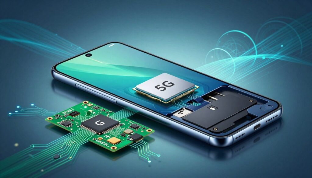 A modern smartphone partially dissected to reveal its internal components, prominently showcasing a 5G connectivity module and an expansion slot. The foreground features vibrant electronic elements like microchips and circuit boards framed by a sleek, reflective surface. In the middle, the smartphone's exterior displays intuitive design elements that highlight the modern aesthetic associated with Xiaomi devices. The background includes abstract technological patterns that evoke connectivity, such as signal waves and data streams, with a soft blue and green color palette signifying advancement. Use dramatic lighting to enhance the details, with a slight lens vignette effect to draw focus towards the central smartphone piece. Aim for a futuristic and innovative atmosphere that illustrates the essence of cutting-edge technology. A modern smartphone partially dissected to reveal its internal components, prominently showcasing a 5G connectivity module and an expansion slot. The foreground features vibrant electronic elements like microchips and circuit boards framed by a sleek, reflective surface. In the middle, the smartphone's exterior displays intuitive design elements that highlight the modern aesthetic associated with Xiaomi devices. The background includes abstract technological patterns that evoke connectivity, such as signal waves and data streams, with a soft blue and green color palette signifying advancement. Use dramatic lighting to enhance the details, with a slight lens vignette effect to draw focus towards the central smartphone piece. Aim for a futuristic and innovative atmosphere that illustrates the essence of cutting-edge technology.