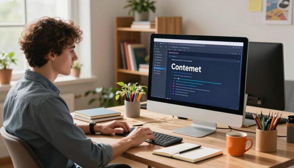 A modern workspace filled with vibrant colors and creative energy, showcasing a high-tech computer setup with a glowing screen displaying an intuitive content writing tool interface. In the foreground, a professional individual, dressed in smart casual attire, is engaged in writing, with a focused expression. Soft natural light from a nearby window illuminates the scene, enhancing the warm atmosphere. In the middle ground, a comfortable chair and a stylish desk cluttered with notebooks and a coffee mug can be seen, hinting at inspiration and productivity. The background features a bookshelf filled with books and plants, adding a touch of life and creativity to the environment. The overall mood is innovative and energetic, perfect for illustrating AI tools for content writing.