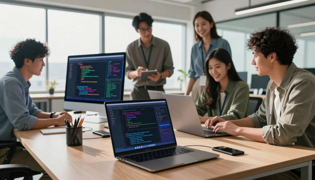 A modern workspace showcasing five AI programming assistants in action. In the foreground, a sleek laptop is open, displaying colorful coding interfaces, surrounded by sleek tech gadgets. In the middle ground, diverse professionals, dressed in business attire, are collaborating, discussing code solutions, and analyzing project data. Each professional exudes concentration and enthusiasm, reflecting a positive atmosphere of teamwork and innovation. The background features a bright, airy office with large windows, allowing natural light to illuminate the space, creating a vibrant and inviting mood. Subtle shadows add depth to the scene, while the overall color palette is energetic yet balanced, comprising blues, greens, and warm neutrals. The image conveys a sense of cutting-edge technology and collaborative spirit in the programming world.
