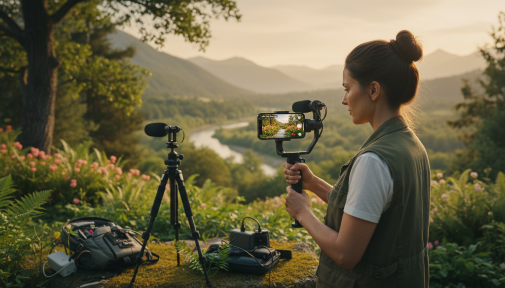 A professional videographer diligently recording high-quality 4K video at 60fps on an iPhone 15 Pro. In the foreground, focus on the smartphone displaying a vibrant, colorful scene being filmed, showcasing the advanced camera features like Dolby Vision. The videographer, dressed in a casual yet neat outfit, is positioned on a scenic outdoor set, surrounded by lush greenery and soft natural light filtering through the trees, creating a warm atmosphere. In the middle ground, there are immersive elements like a portable tripod setup, an external microphone, and various camera gear to emphasize the technical aspect of video recording. The background features a beautiful landscape, suggesting creativity and inspiration, with a slight bokeh effect to keep the focus on the videographer and their equipment. The overall mood is professional, yet approachable, reflecting an encouraging atmosphere for beginners.
