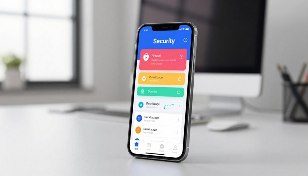 A sleek smartphone displaying a vibrant and intuitive mobile security application interface, showcasing data security features like a firewall, data usage graphs, and alerts in vivid colors. The foreground features the phone in a modern, minimalistic office setting, with a blurred background of a desk and a computer monitor, suggesting a tech-savvy environment. Soft natural lighting filters through a window, creating a bright and inviting atmosphere. The angle focuses on the smartphone at eye level, highlighting its screen details while softly blurring the background to emphasize depth. The overall mood is one of professionalism and innovation, perfect for illustrating top Android quota-checking apps that prioritize user security.