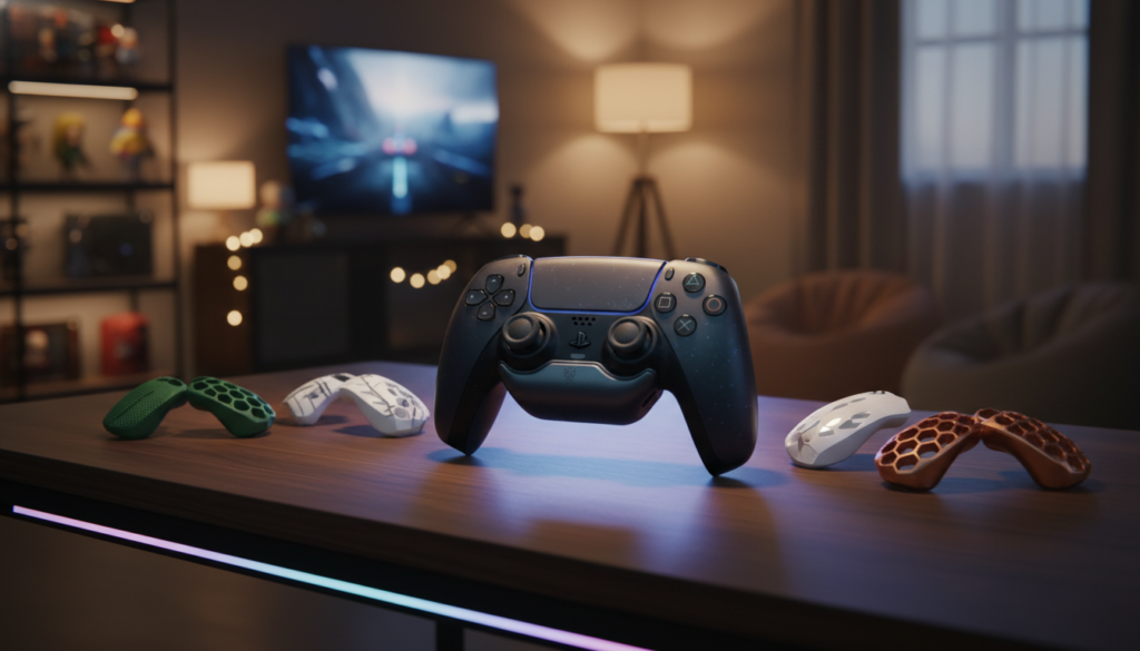 A stylish additional accessory for a DualSense controller, featuring customizable grips and a sleek design. The foreground showcases the controller resting on a modern gaming setup with vivid RGB lighting, under a soft spotlight, highlighting its unique textures and colors. In the middle ground, various interchangeable grip styles are arranged artistically alongside the controller, emphasizing personalization and functionality. The background includes a blurred gaming environment, with hints of a cozy living room and gaming paraphernalia enhancing the mood of an immersive gaming experience. Soft focus and warm colors create an inviting atmosphere, appealing to gamers looking for both performance and style in their accessories.