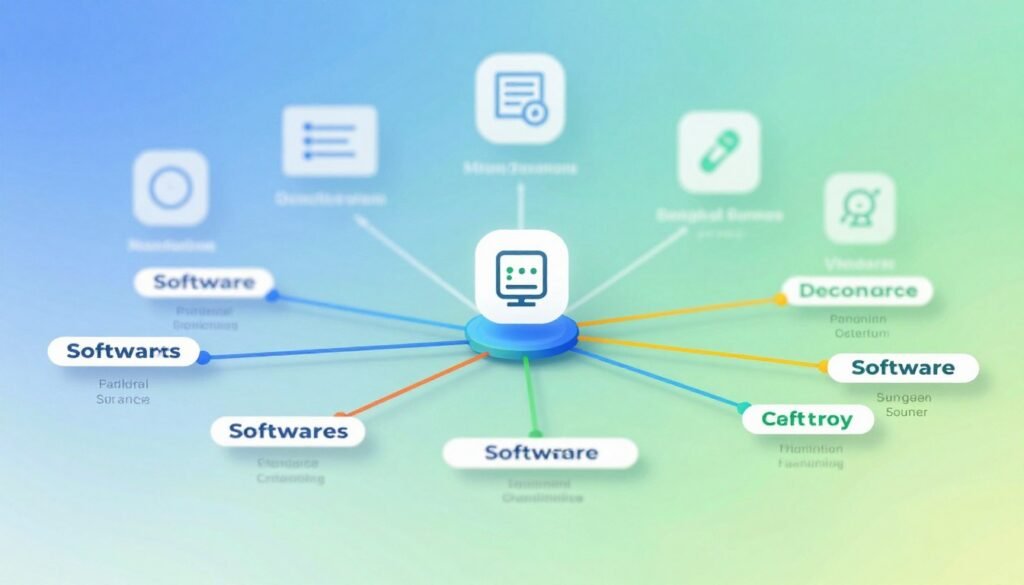 A vibrant and engaging depiction of a software mind map, showcasing interconnected ideas and concepts in a visually appealing layout. In the foreground, display colorful branches radiating from a central node, each depicting various software names and features related to mind mapping. In the middle ground, include minimalist icons representing brainstorming and planning tools, fostering a creative atmosphere. The background should feature a soft gradient of blues and greens, symbolizing innovation and growth. Use natural lighting to give a sense of clarity and focus, creating a mood of exploration and inspiration. The composition should have a slight depth of field, emphasizing the mind map while softly blurring the background for a professional finish.