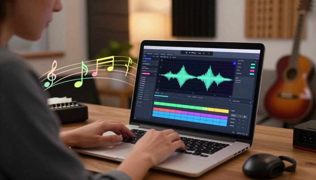 A vibrant digital workspace showcasing a selection of free auto-tune software applications on a sleek laptop screen. In the foreground, a person in professional casual attire is intently engaged with the software, adjusting audio settings. The middle ground features an array of colorful music notes and sound wave graphics, creating a sense of dynamic audio editing. In the background, there is a cozy home studio environment, adorned with musical instruments and acoustic panels, bathed in warm, soft lighting to evoke creativity and inspiration. The overall mood is inviting and motivational, designed to appeal to beginners eager to explore music editing.