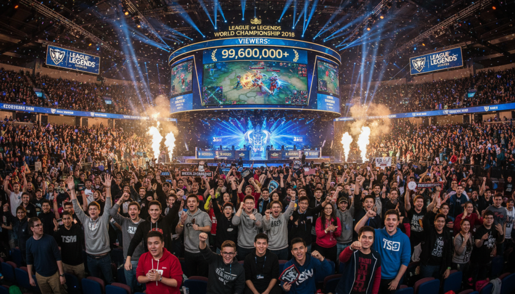 A vibrant esports tournament scene showcasing the record-breaking viewership of League of Legends Worlds 2018. In the foreground, an engaged crowd of diverse, enthusiastic spectators wearing casual esports merchandise, cheering and holding signs. In the middle ground, a large LED screen displaying exciting game action, with a scoreboard highlighting viewer statistics. The background features a colorful arena illuminated with dynamic lighting that enhances the electrifying atmosphere, including spotlights and confetti in the air. The image captures the excitement and energy of the event, at a slightly elevated angle as if viewed from a camera above the crowd, suggesting a lively and intense atmosphere of competition. The mood is festive, showcasing the popularity and cultural significance of esports.