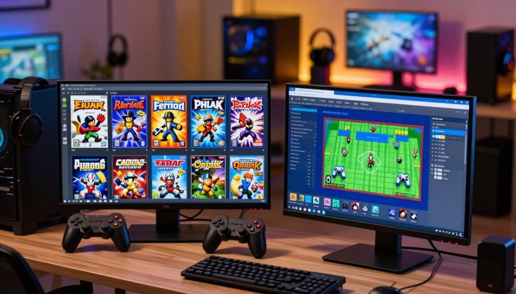 A visually striking comparison of the best PS2 emulators for PC in 2026. In the foreground, showcase a sleek, modern desktop computer displaying an emulator interface with vibrant graphics from classic PS2 games. The middle ground features an array of popular game titles represented by their iconic cover art, elegantly arranged. In the background, softly blurred, include a dynamic setup of gaming peripherals like controllers, headsets, and monitors, illuminated by ambient lighting in warm tones. The overall atmosphere should convey excitement and nostalgia, reflecting the gaming culture. Use a cinematic angle with a shallow depth of field to emphasize the computer and emulator interface while softening the background elements. Avoid any textual overlays or watermarks.