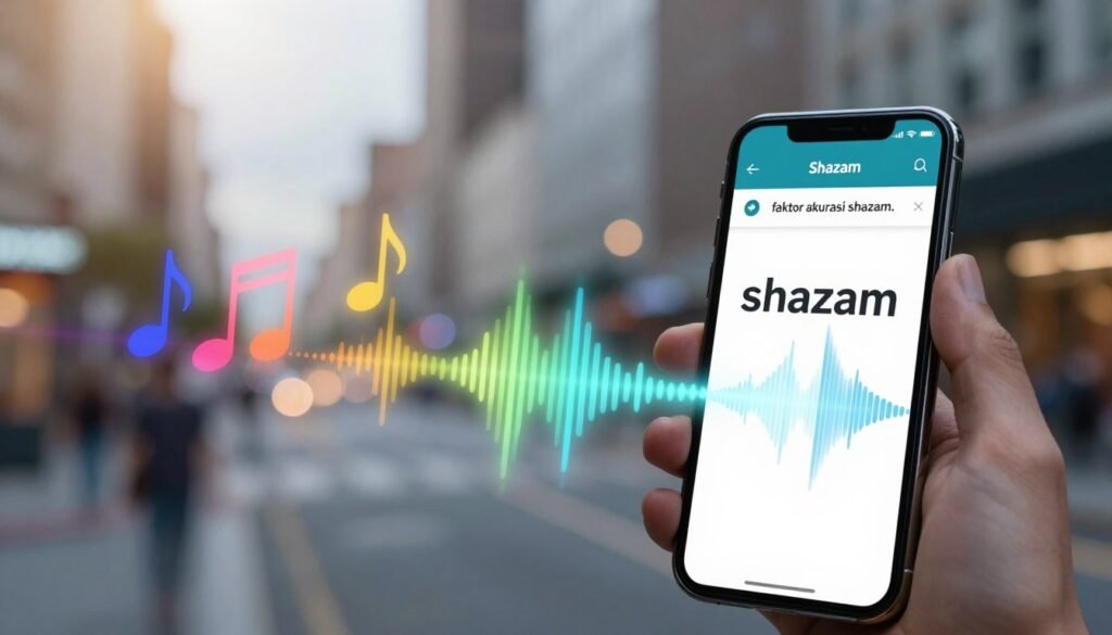 A visually striking composition illustrating the concept of "faktor akurasi shazam." In the foreground, include a smartphone displaying the Shazam app interface with animated soundwaves emanating from it, symbolizing audio recognition. In the middle ground, depict a series of musical notes and sound frequencies visually represented as vibrant colors to convey the complexity of sound. The background features an abstract representation of a bustling urban environment with blurred buildings and lights, emphasizing the technological context. Use soft, diffused lighting to create a modern, high-tech atmosphere, with a slight lens flare effect for visual interest. The overall mood should be dynamic and engaging, capturing the intersection of technology and music.