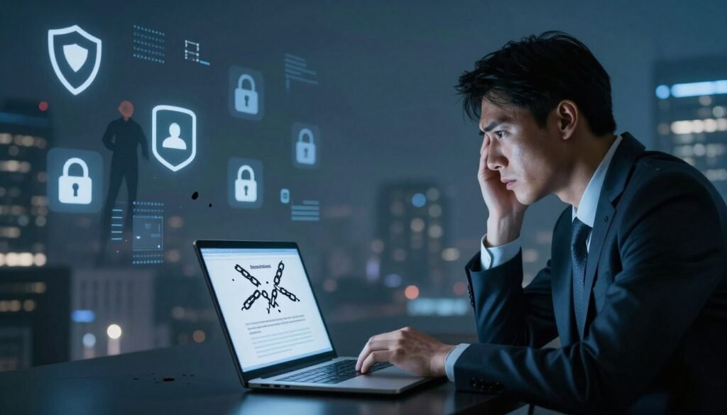 A visually striking depiction of the risks associated with ad block extensions. In the foreground, a worried business professional in a crisp suit, gazing at a laptop screen filled with warning signs and broken chains symbolizing data privacy issues. In the middle ground, a collage of common ad blocker icons, such as shields and locks, interspersed with ominous shadows and digital fragments to represent data exploitation. The background features an abstract cityscape, shrouded in a low haze and dim lighting, enhancing the tension. The atmosphere is one of foreboding and caution, illuminated by a cool, blue-toned light that casts long shadows, emphasizing the theme of risk. The angle is slightly tilted, adding to the unease of the scene. A visually striking depiction of the risks associated with ad block extensions. In the foreground, a worried business professional in a crisp suit, gazing at a laptop screen filled with warning signs and broken chains symbolizing data privacy issues. In the middle ground, a collage of common ad blocker icons, such as shields and locks, interspersed with ominous shadows and digital fragments to represent data exploitation. The background features an abstract cityscape, shrouded in a low haze and dim lighting, enhancing the tension. The atmosphere is one of foreboding and caution, illuminated by a cool, blue-toned light that casts long shadows, emphasizing the theme of risk. The angle is slightly tilted, adding to the unease of the scene.